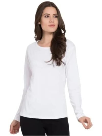 Female model wearing a classic whirt crew neck long sleeve T-shirt tucked into light blue denim jeans, with a comfortable, relaxed fit.