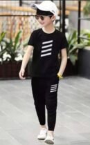 Boys Black Graphic T-Shirt & Track Pants Set | Modern Stripe Print Co-ord.