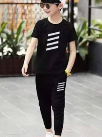 Boys Black Graphic T-Shirt & Track Pants Set | Modern Stripe Print Co-ord.
