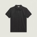 Product photograph of a solid black, short-sleeve polo shirt with a two-button placket and classic collar.