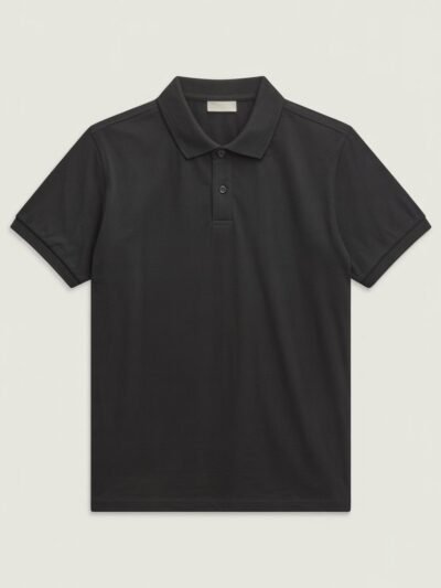 Product photograph of a solid black, short-sleeve polo shirt with a two-button placket and classic collar.