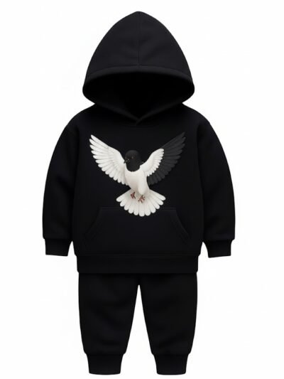 Product image of a heather grey children's hoodie and jogger tracksuit set featuring a large black and white dove graphic on the chest